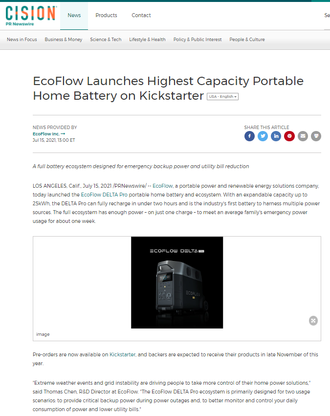 EcoFlow Kickstarter launch press release