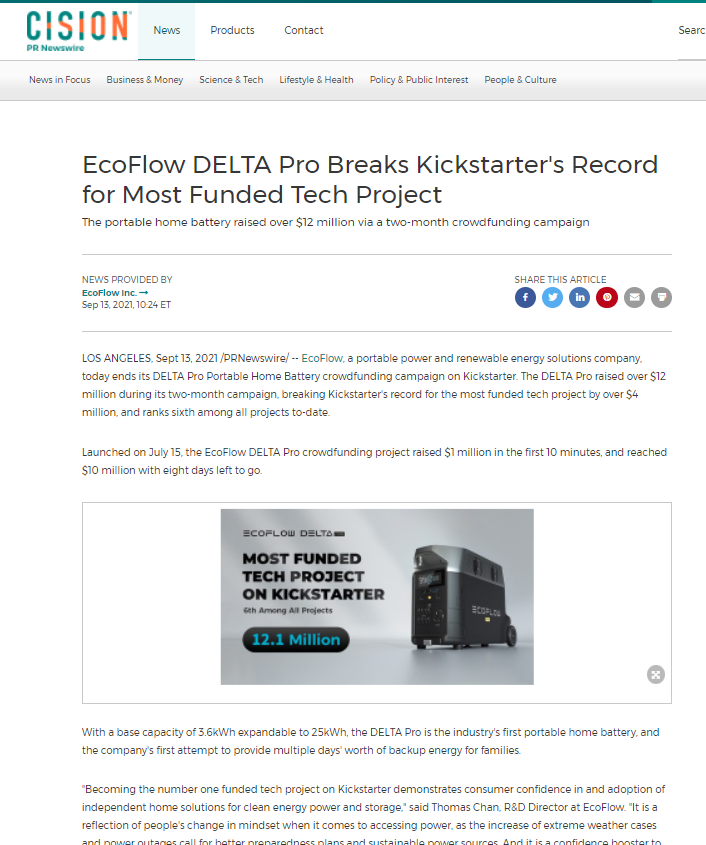 EcoFlow Kickstarter record press release